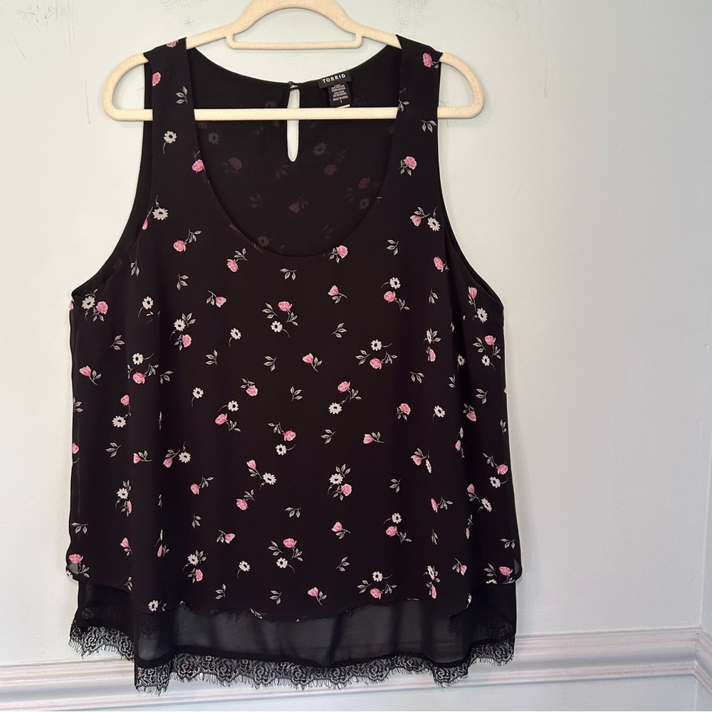Torrid Black Pink & White Floral 3-Layered Mesh Tank Top Size 1X